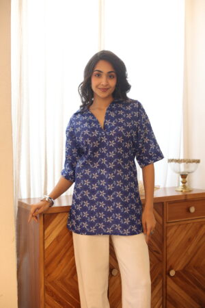 Blue Floral Collar Neck Cotton Top for Women