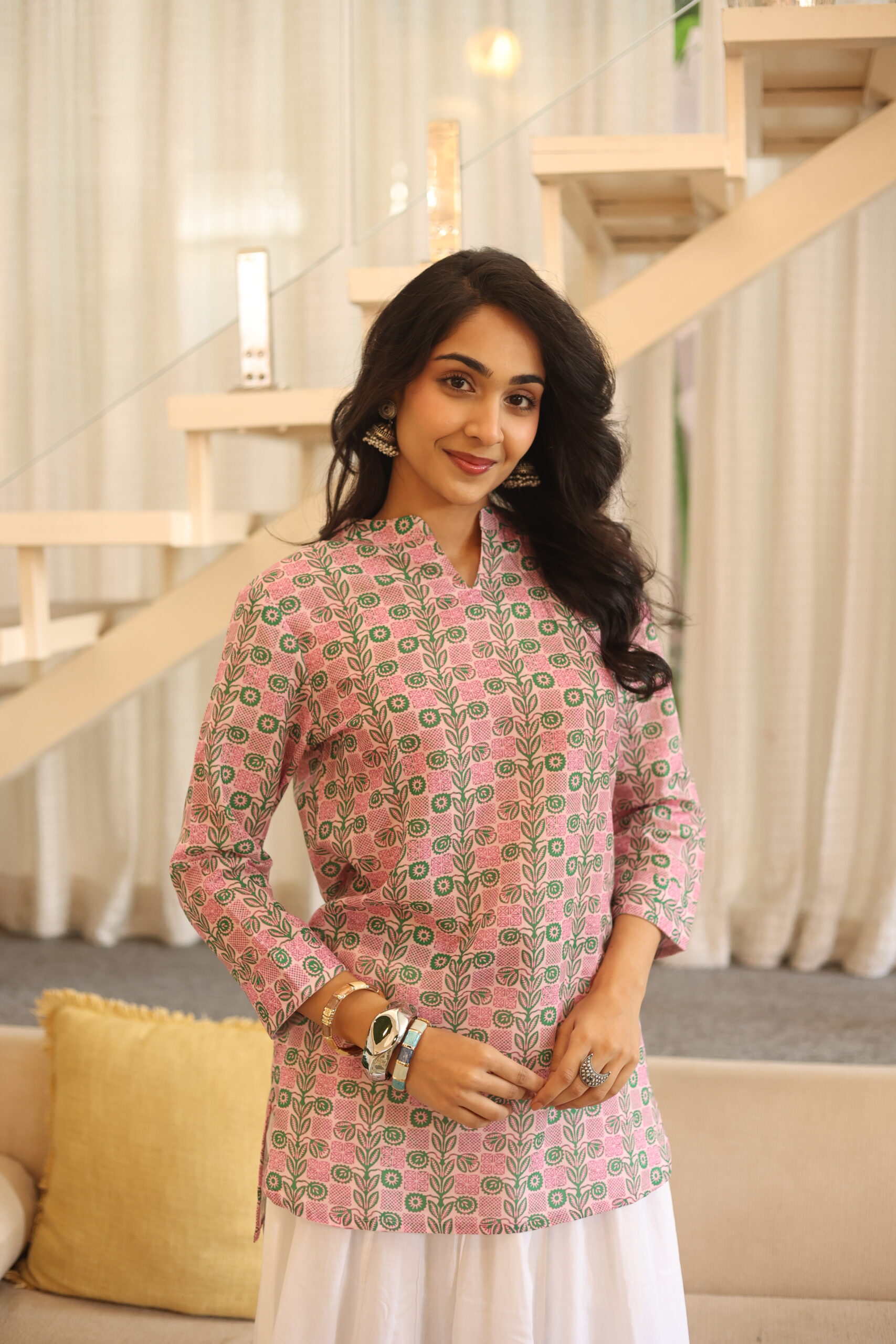 Pink Floral Mandarin Neck Cotton Top for Women