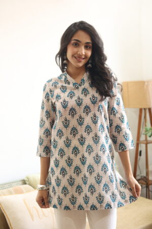 Grey Abstract V-Neck Cotton Top for Women