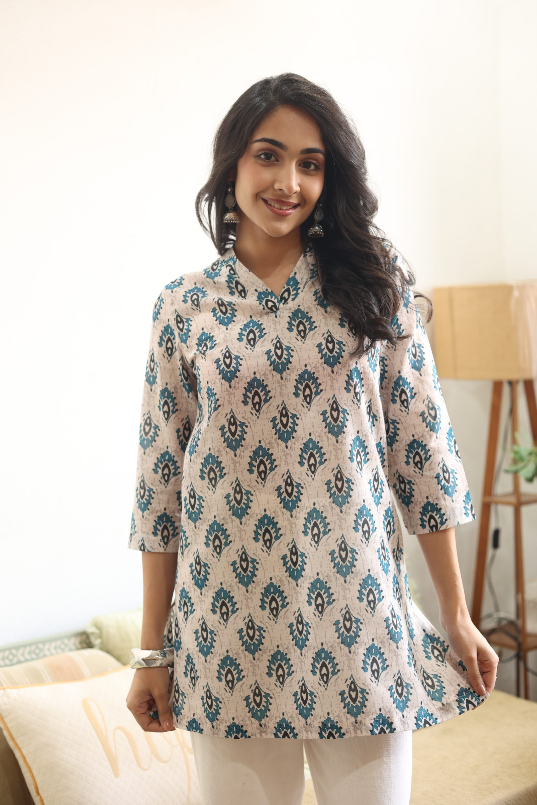 Grey Abstract V-Neck Cotton Top for Women