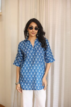 Blue Floral Collar Neck Cotton Top for Women