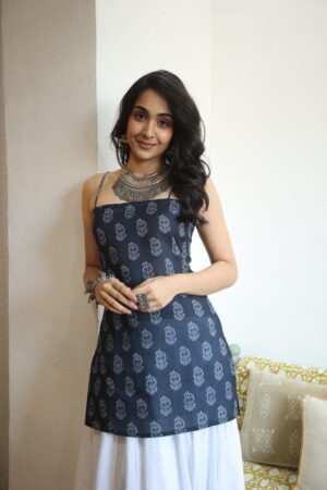 Navy Blue Paisley Shoulder Straps Cotton Top for Women