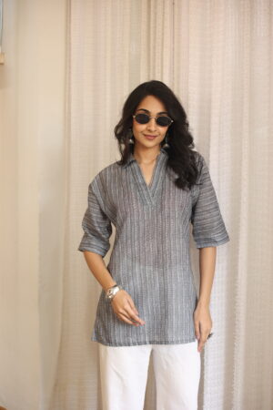 Grey Floral Collar Neck Cotton Top for Women