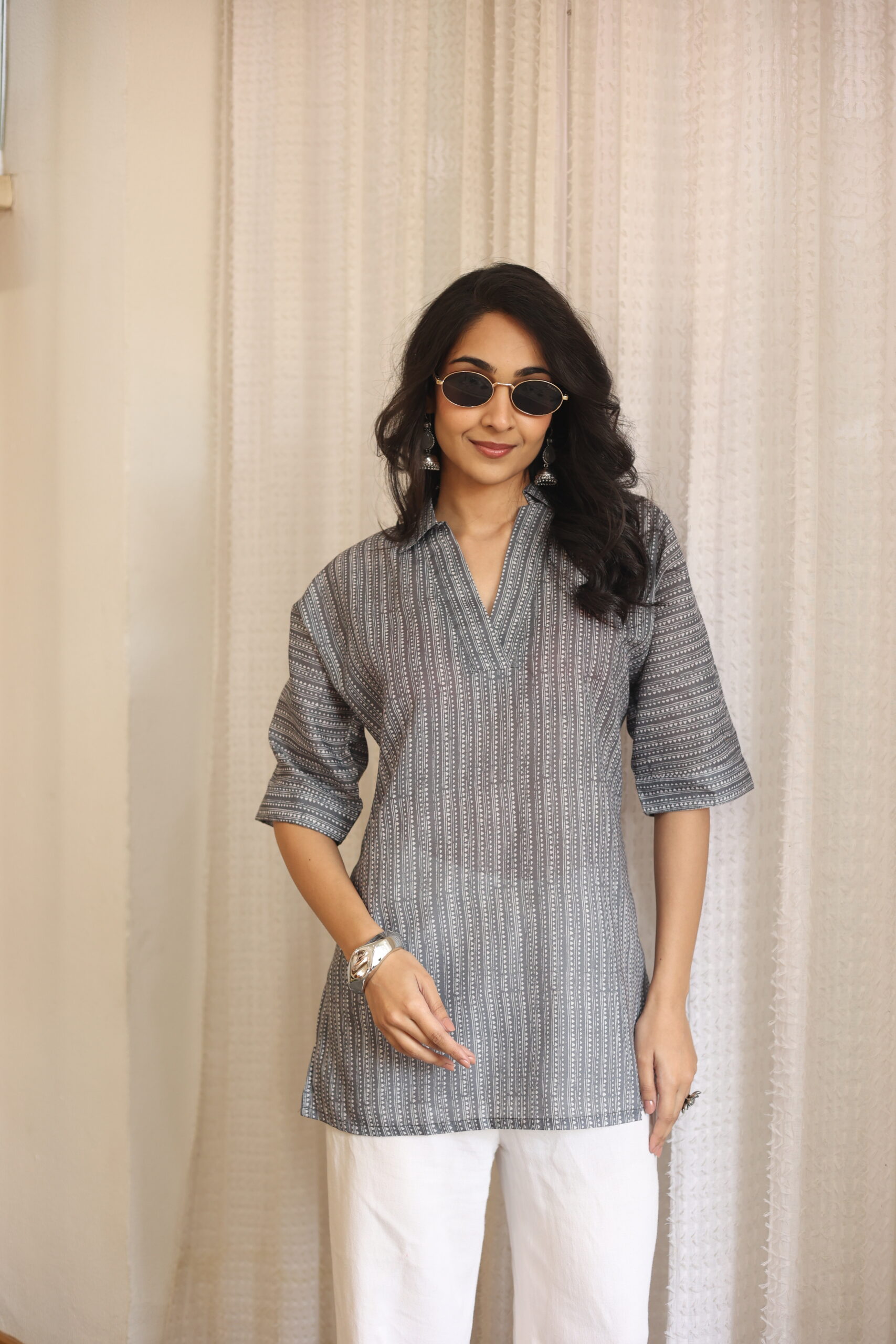 Grey Floral Collar Neck Cotton Top for Women
