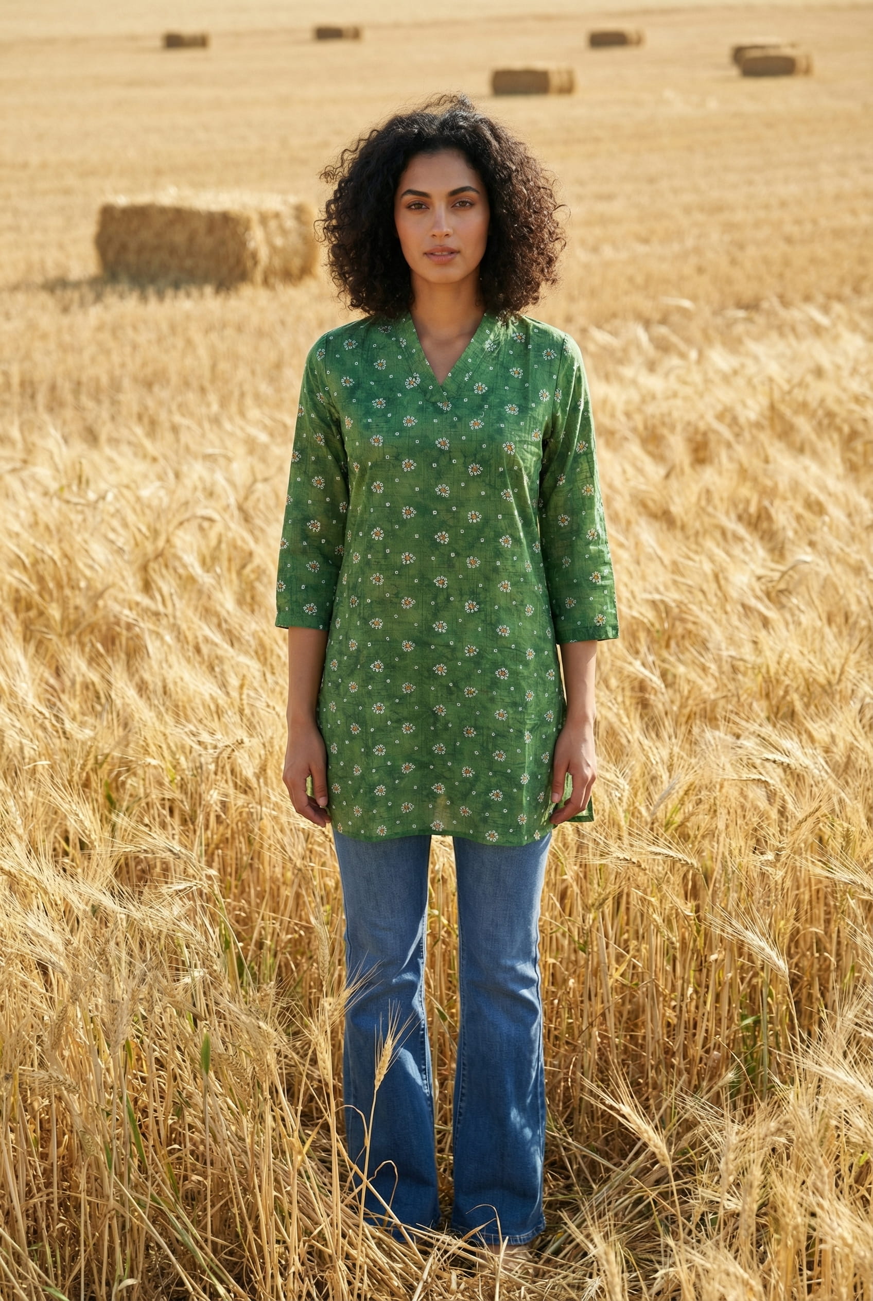 Green Solid Print V-Neck Cotton Top For Women