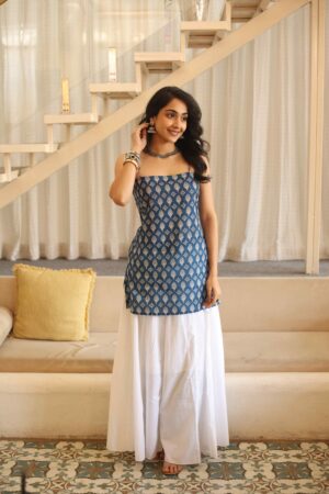 Blue Floral Shoulder Straps Cotton Top for Women
