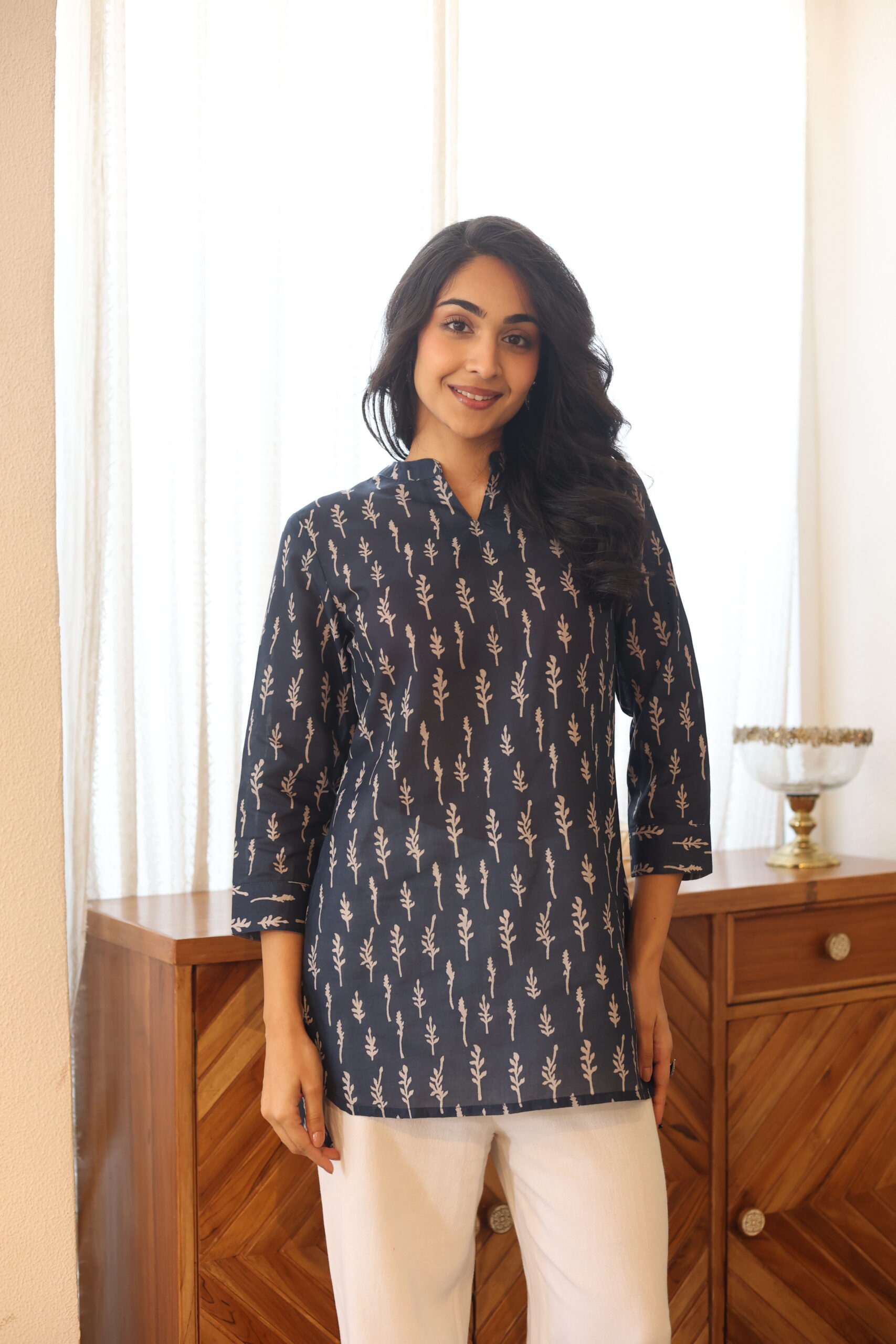 Blue Floral Mandarin Neck Cotton Top for Women