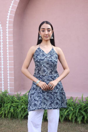 Black Abstract Shoulder Straps Cotton Top for Women