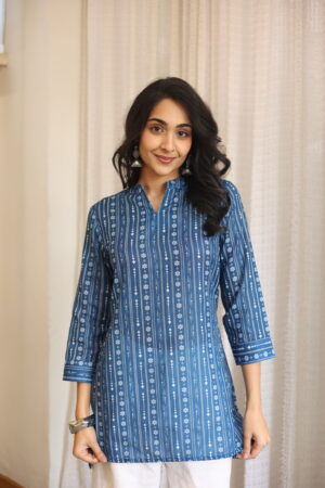 Blue Stripes Mandarin Neck Cotton Top for Women