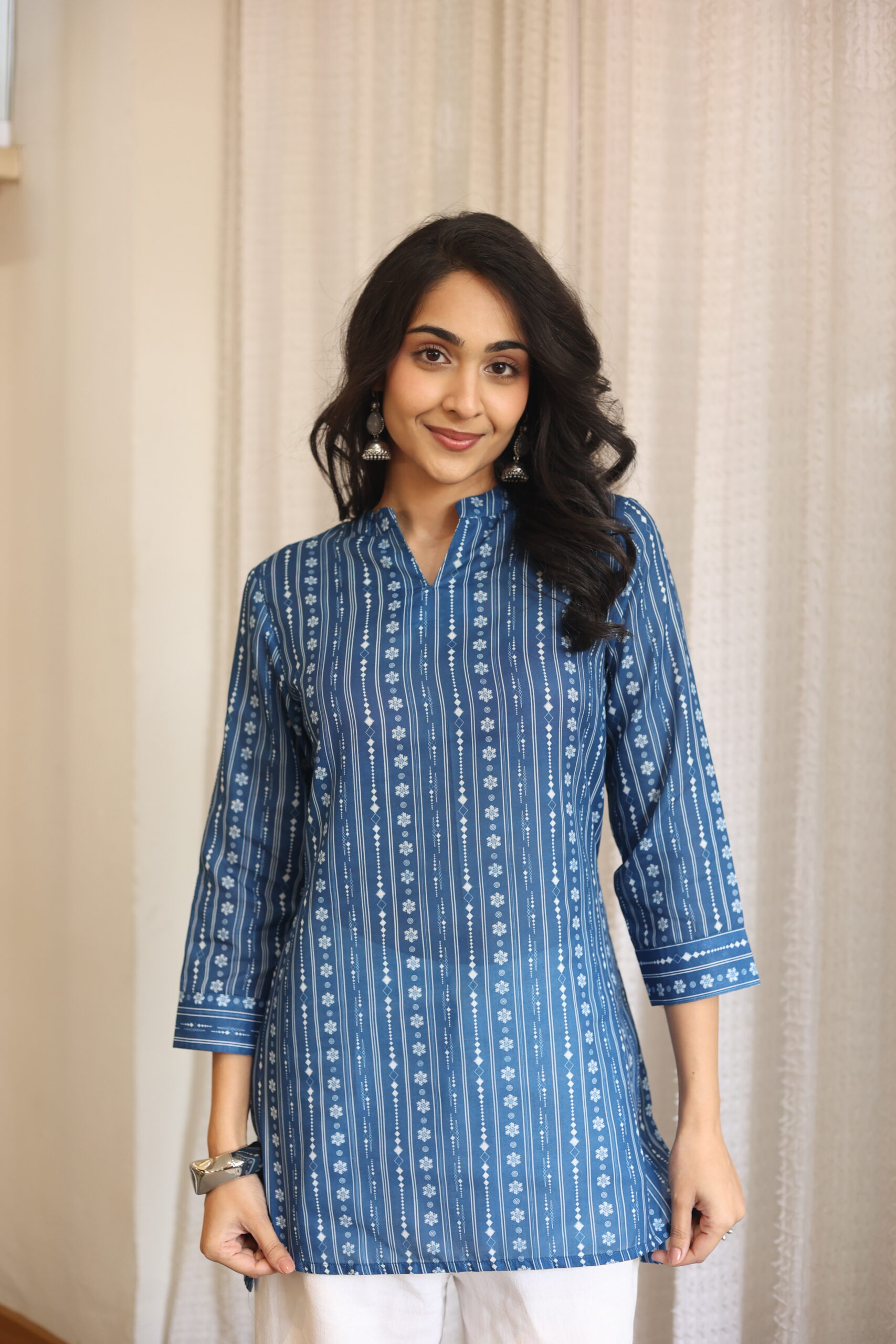 Blue Stripes Mandarin Neck Cotton Top for Women