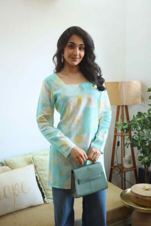 Turquoise Floral Square Neck Polyester Top for Women