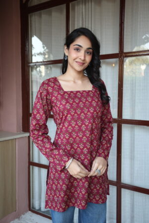 Maroon Floral Print Square Neck Cotton Top for Women