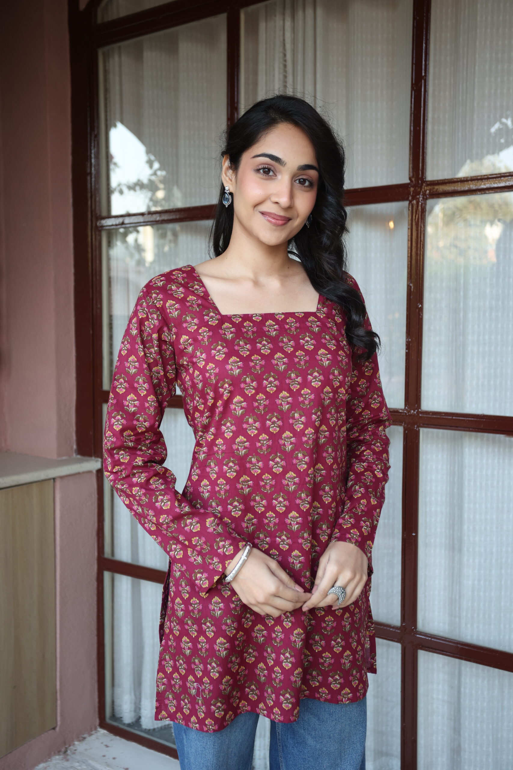 Maroon Floral Print Square Neck Cotton Top for Women