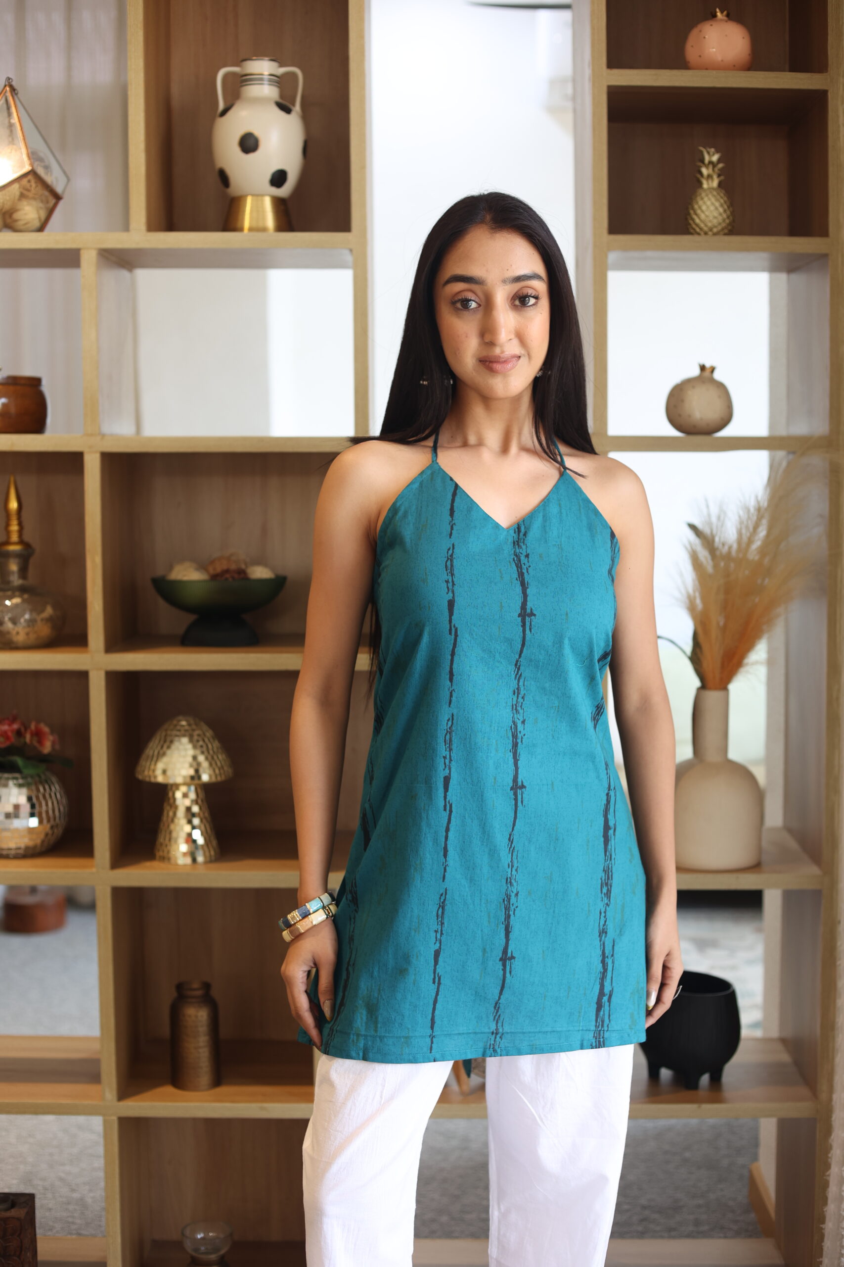 Teal Stripes Shoulder Straps Cotton Top for Women