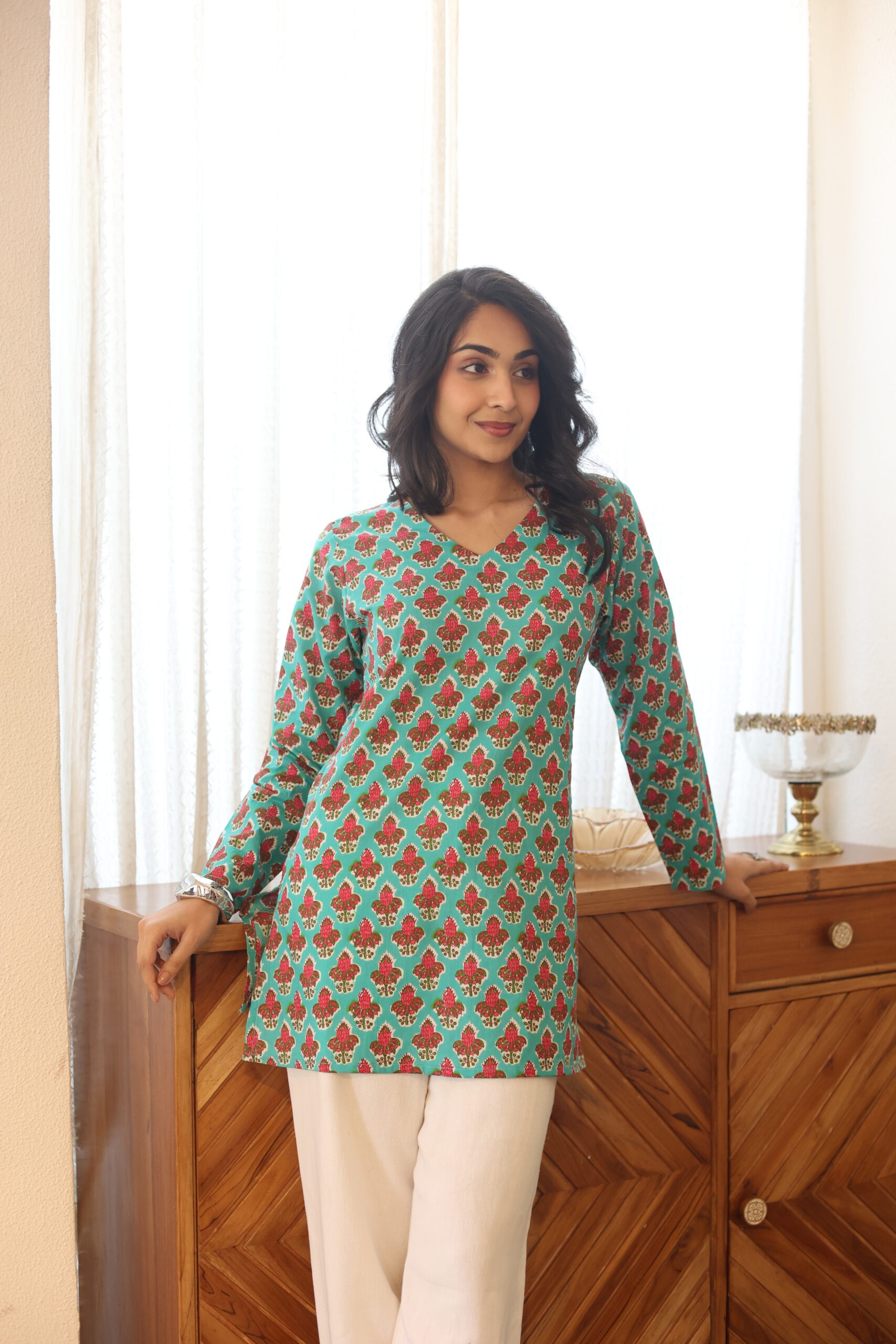 Green Floral V-Neck Cotton Top for Women