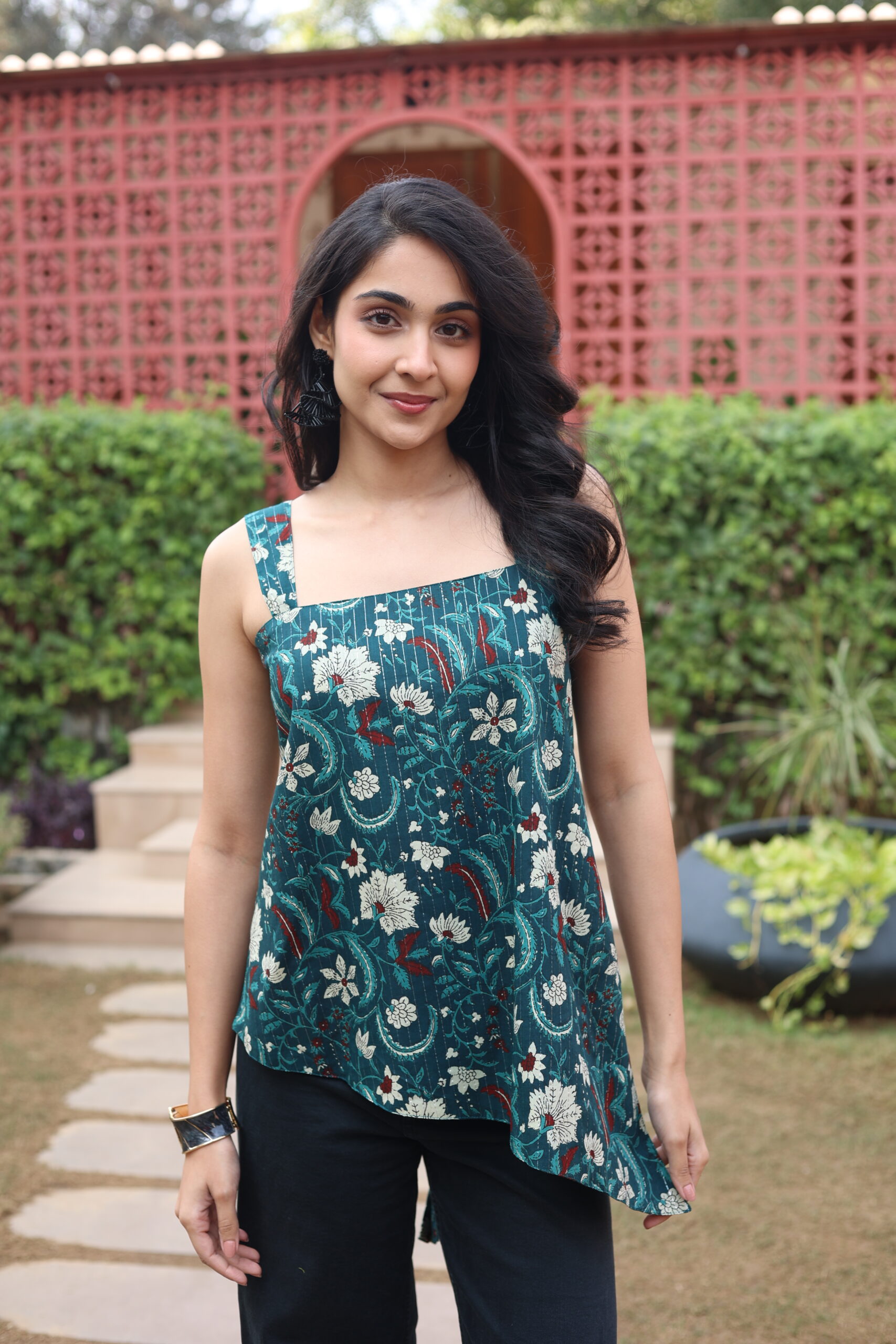 Green Floral Square Neck Cotton Top for Women