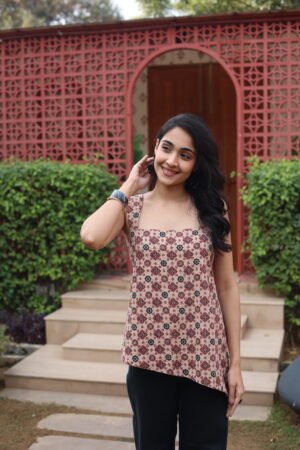 Brown Geometric Square Neck Cotton Top for Women