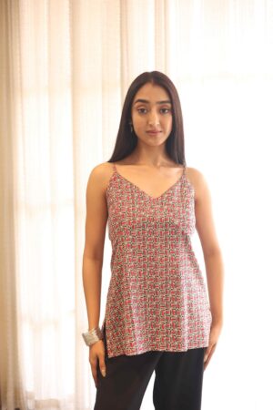 Beige Abstract V-Neck Cotton Top for Women