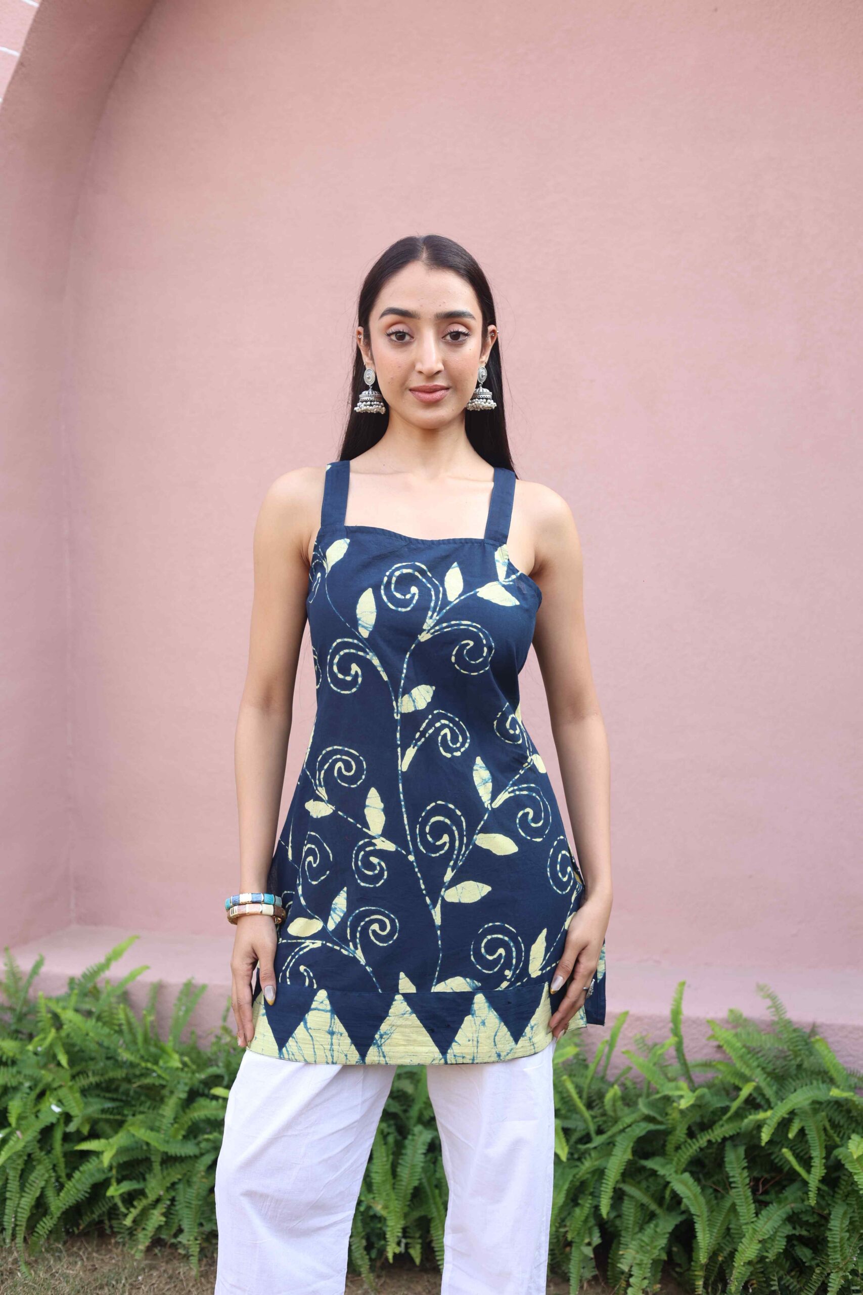 Navy Blue Floral Square Neck Cotton Top for Women