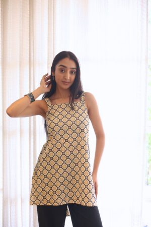 Beige Abstract Square Neck Cotton Top for Women