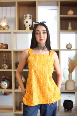 Yellow Abstract Square Neck Cotton Top for Women