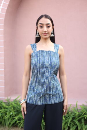 Blue Abstract Square Neck Cotton Top for Women