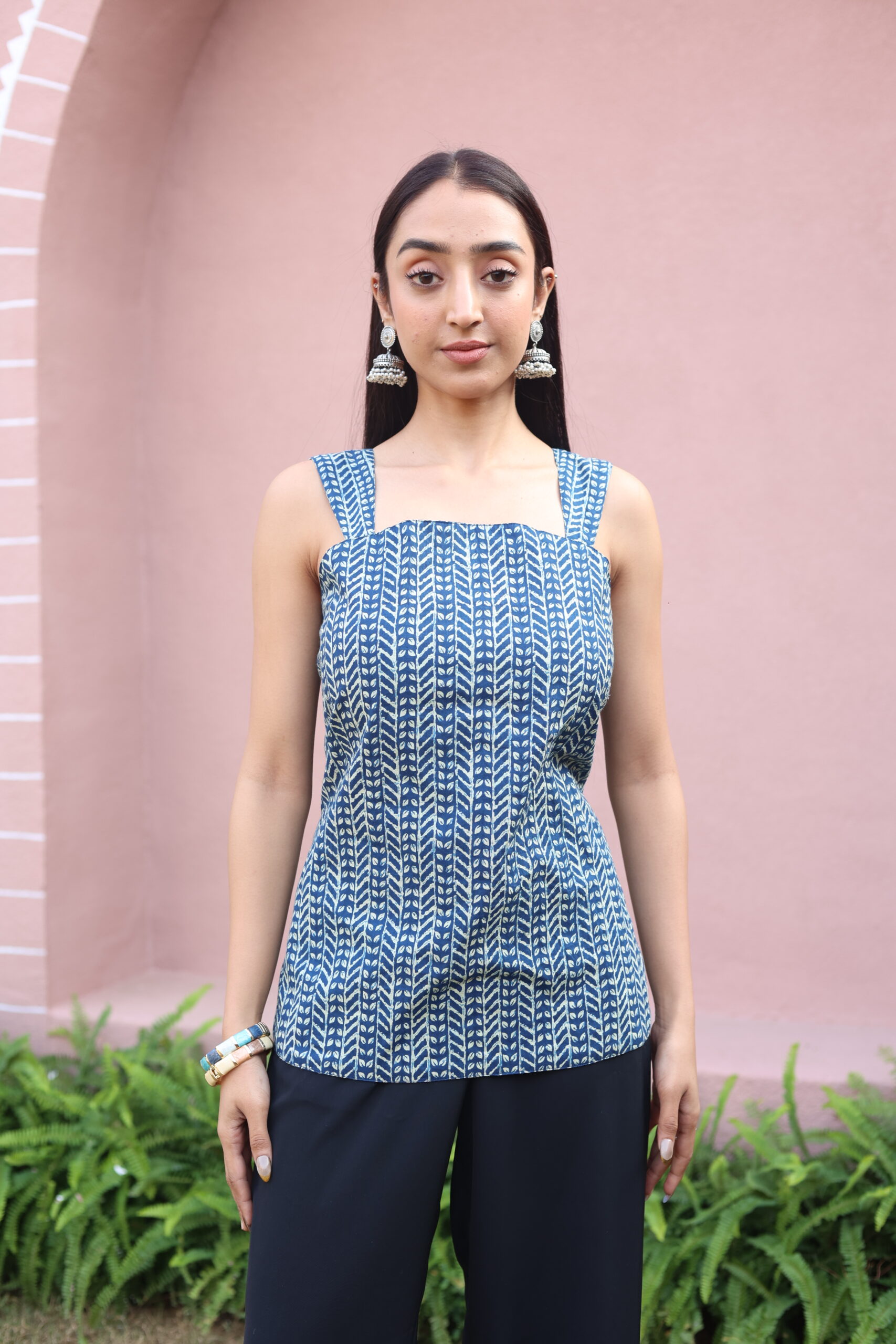 Blue Abstract Square Neck Cotton Top for Women