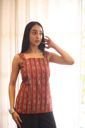 Red Abstract Square Neck Cotton Top for Women