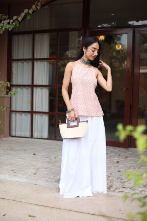 Pink Geometric Round Neck Cotton Top for Women