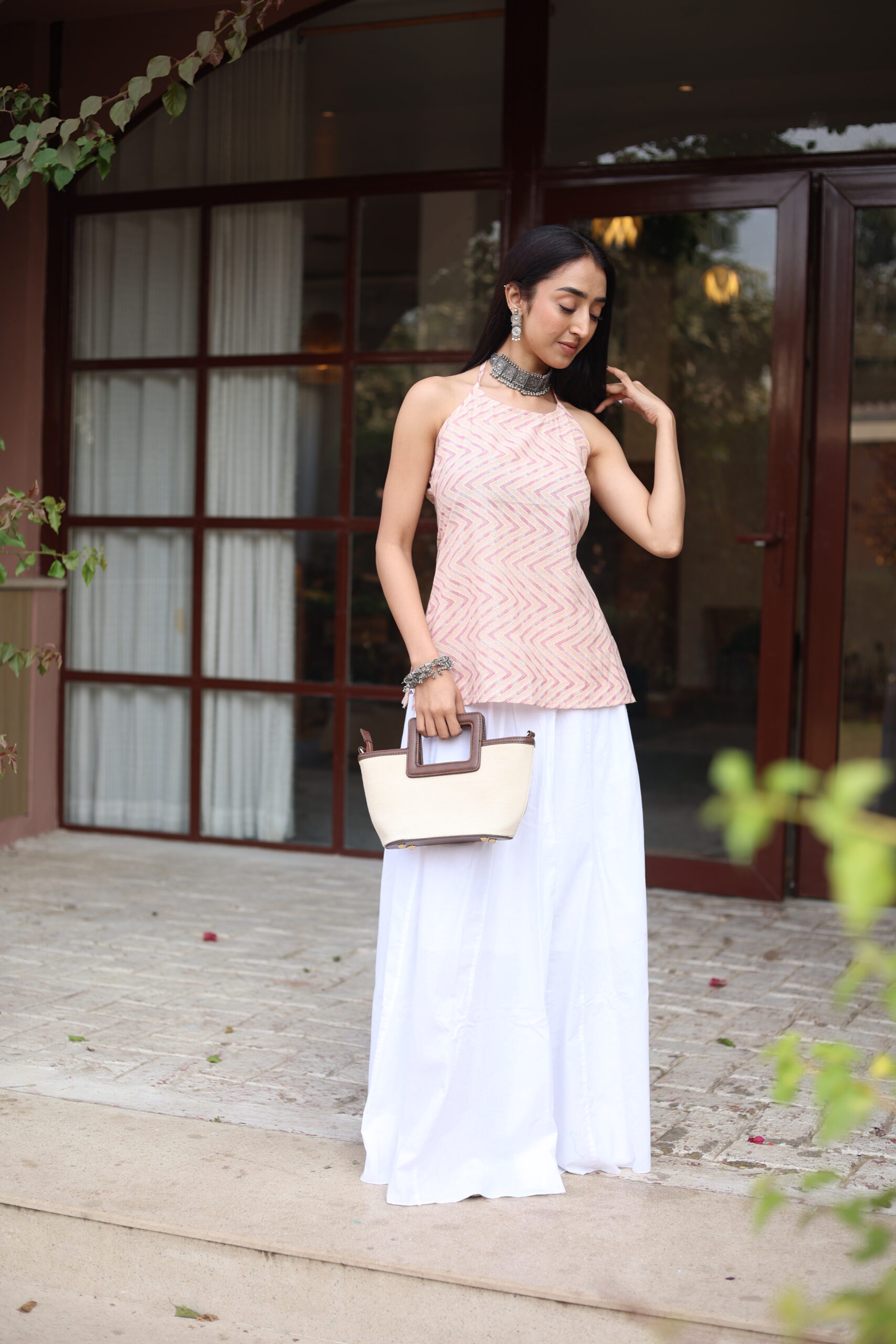 Pink Geometric Round Neck Cotton Top for Women