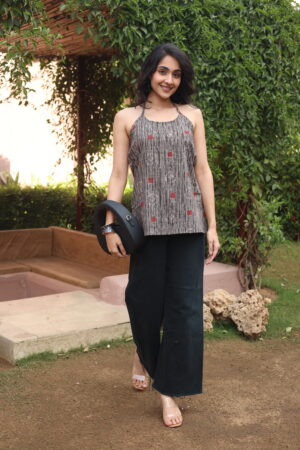 Grey Geometric Round Neck Cotton Top for Women