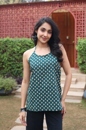 Green Printed Round Neck Cotton Top for Women