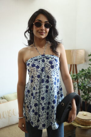 Blue Floral Tie Up Neck Cotton Top for Women
