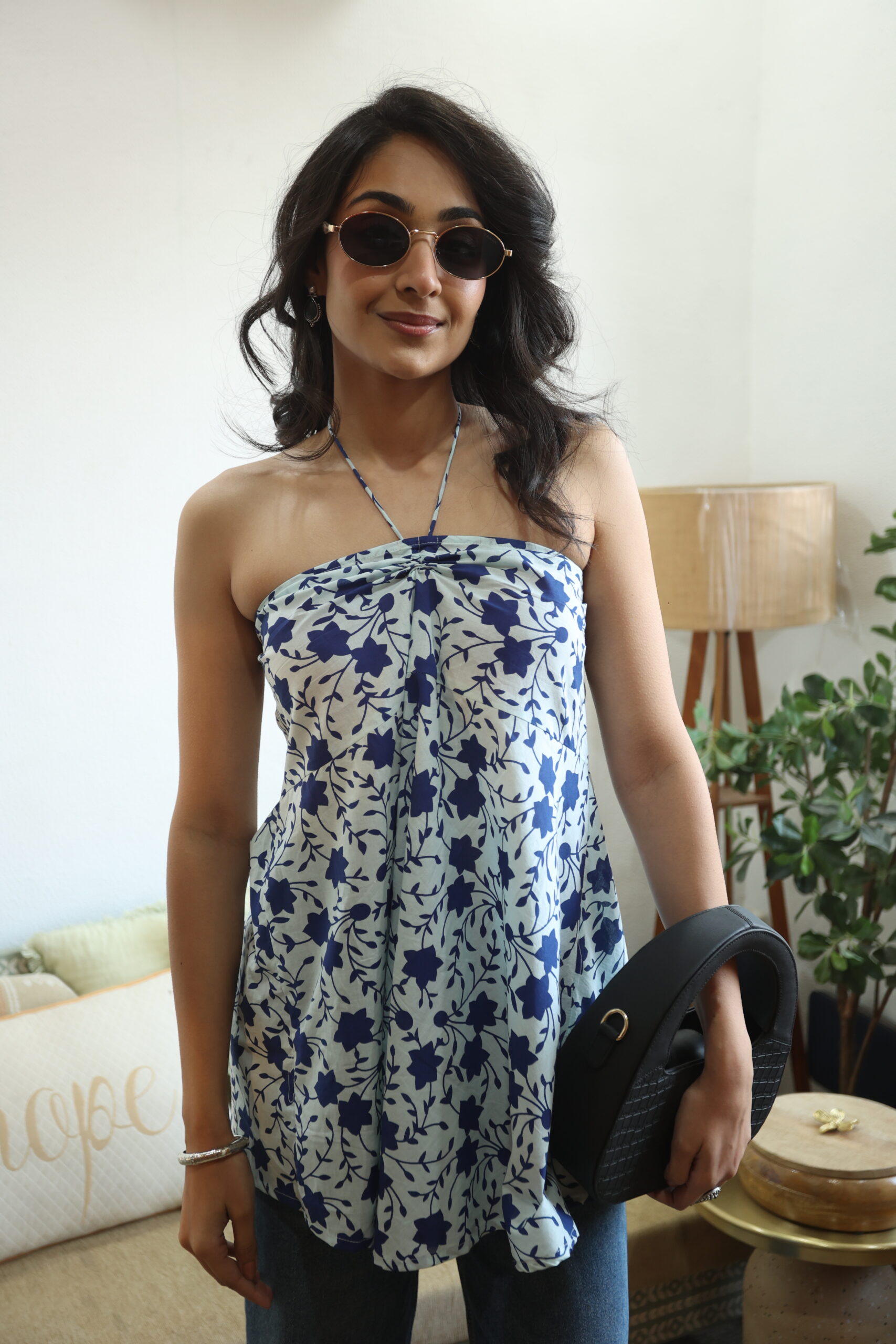 Blue Floral Tie Up Neck Cotton Top for Women
