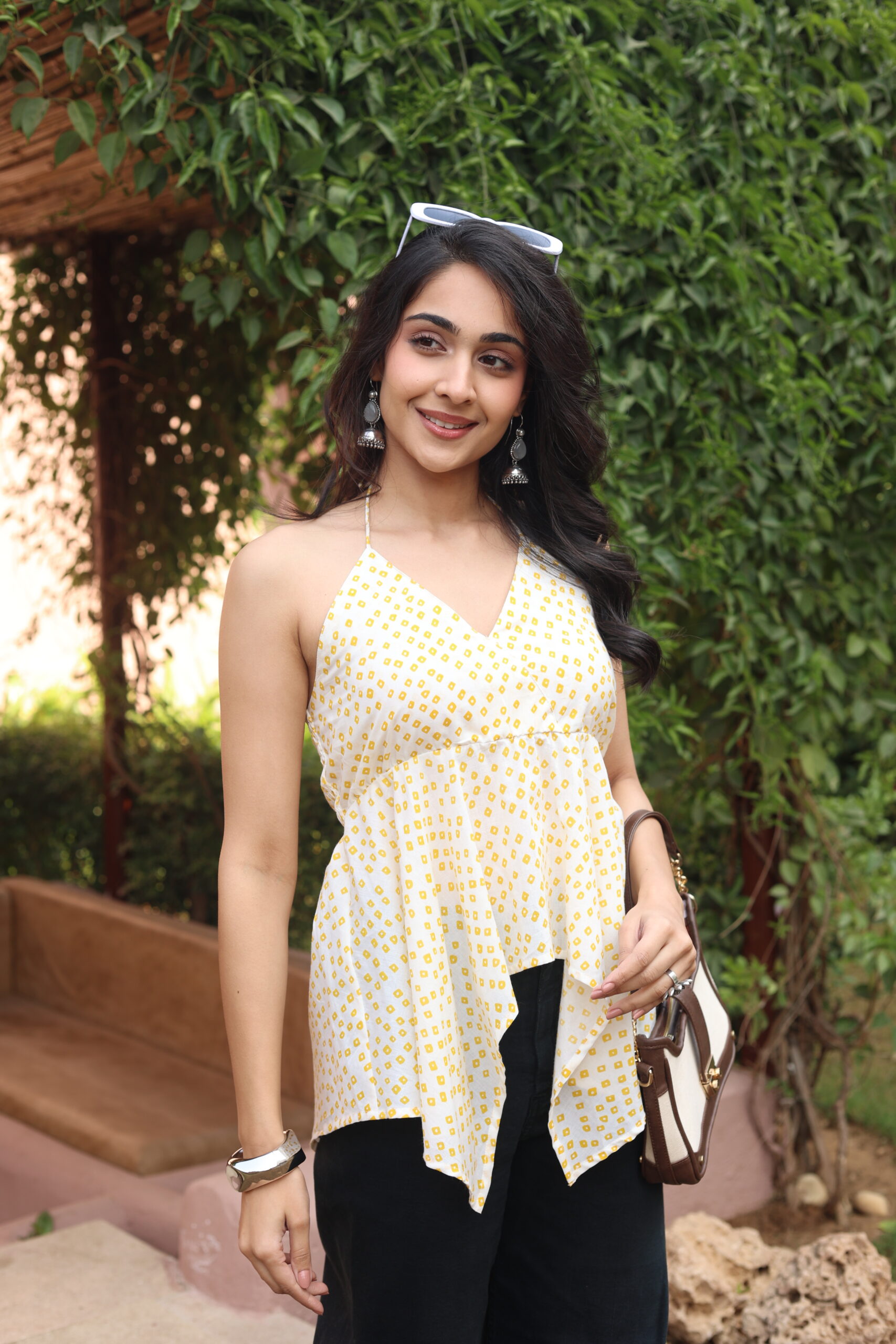 White Geometric V-Neck Cotton Top for Women