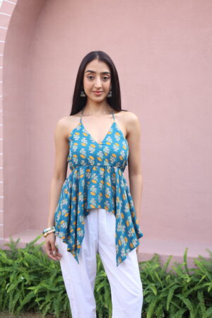 Green Floral V-Neck Cotton Top for Women