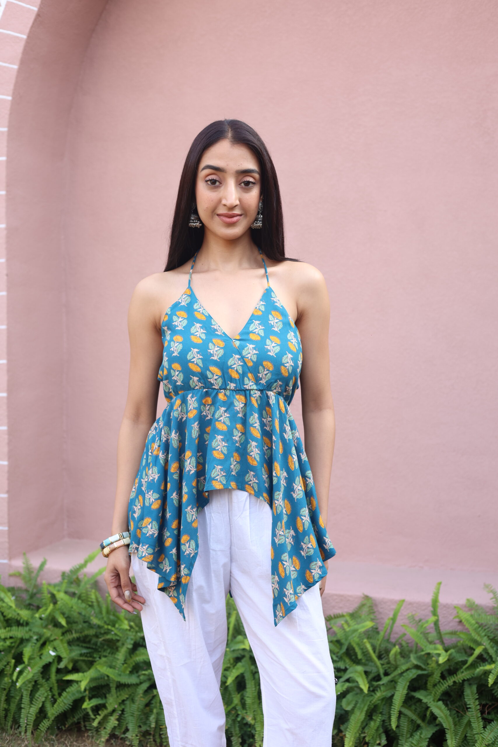 Green Floral V-Neck Cotton Top for Women