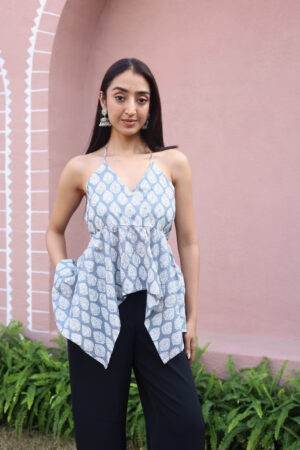 Grey Floral V-Neck Cotton Top for Women