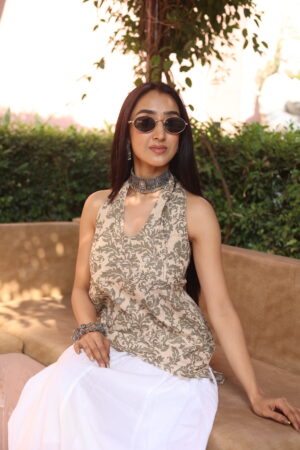 Grey Printed Tie Up Neck Cotton Top for Women