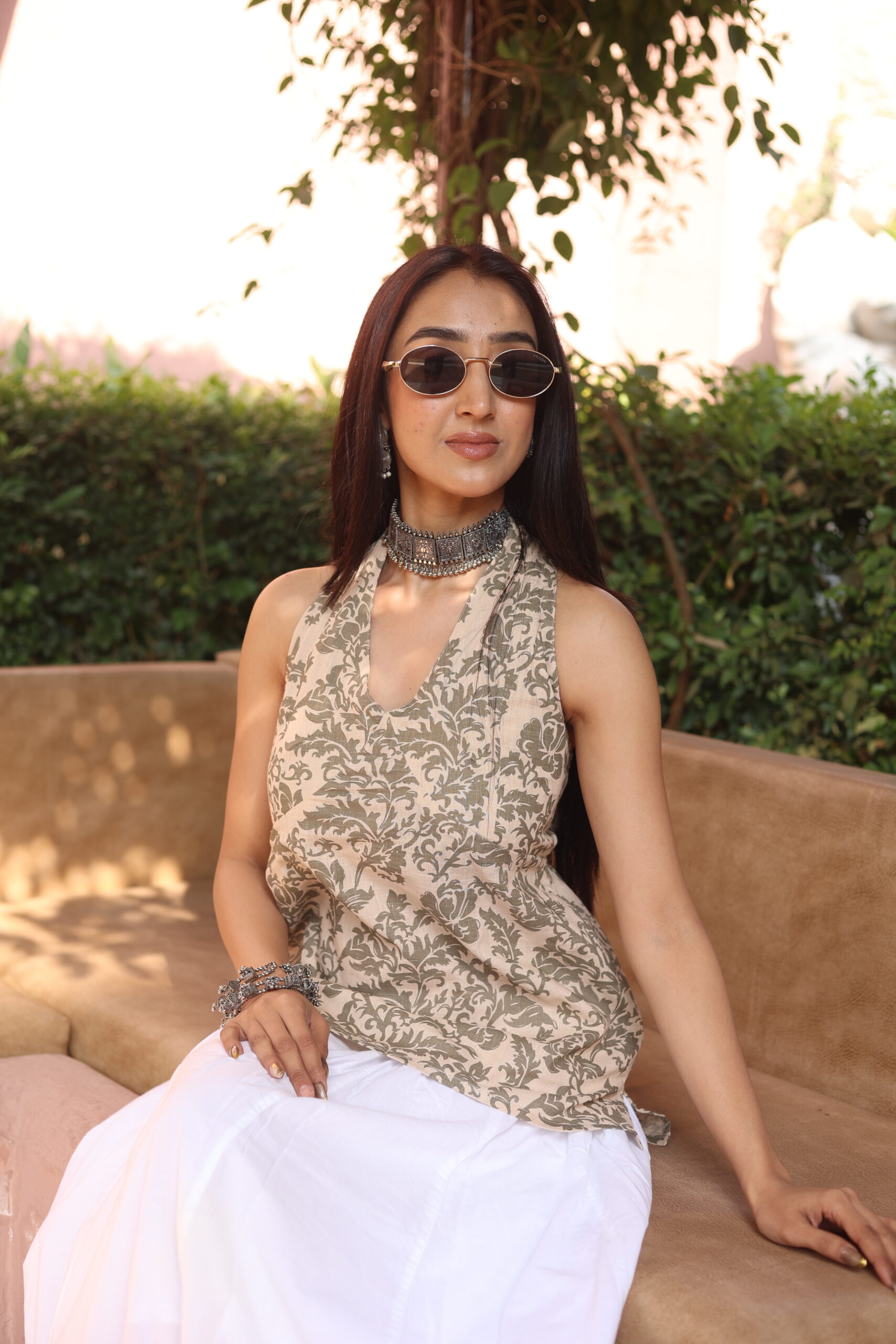 Grey Printed Tie Up Neck Cotton Top for Women