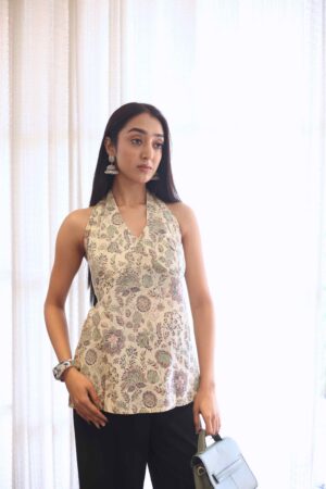Beige Printed Tie Up Neck Cotton Top for Women