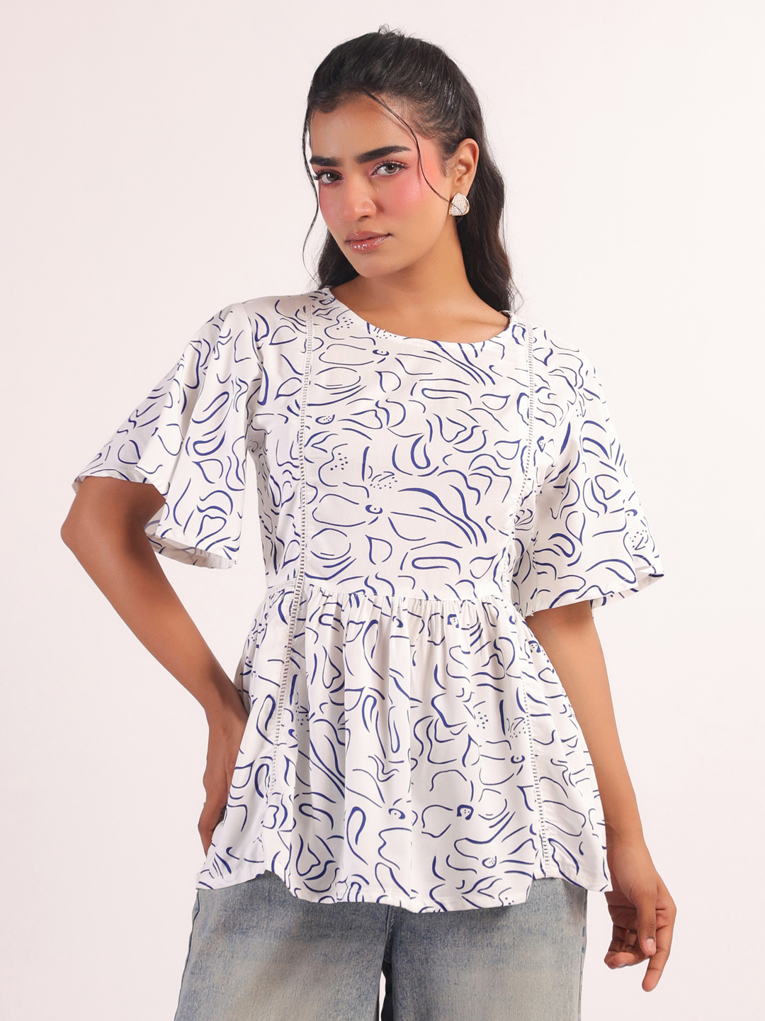 White Floral Printed Round Neck Top for Women