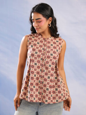 Brown Round Neck Cotton Floral Top for Women