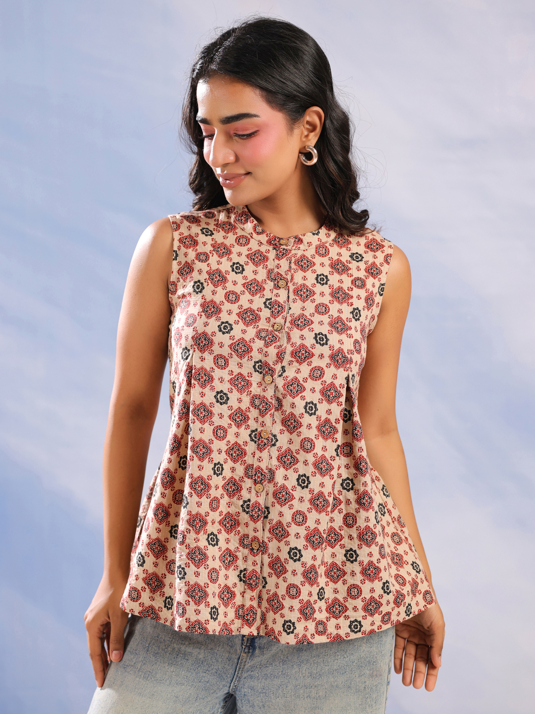 Brown Round Neck Cotton Floral Top for Women