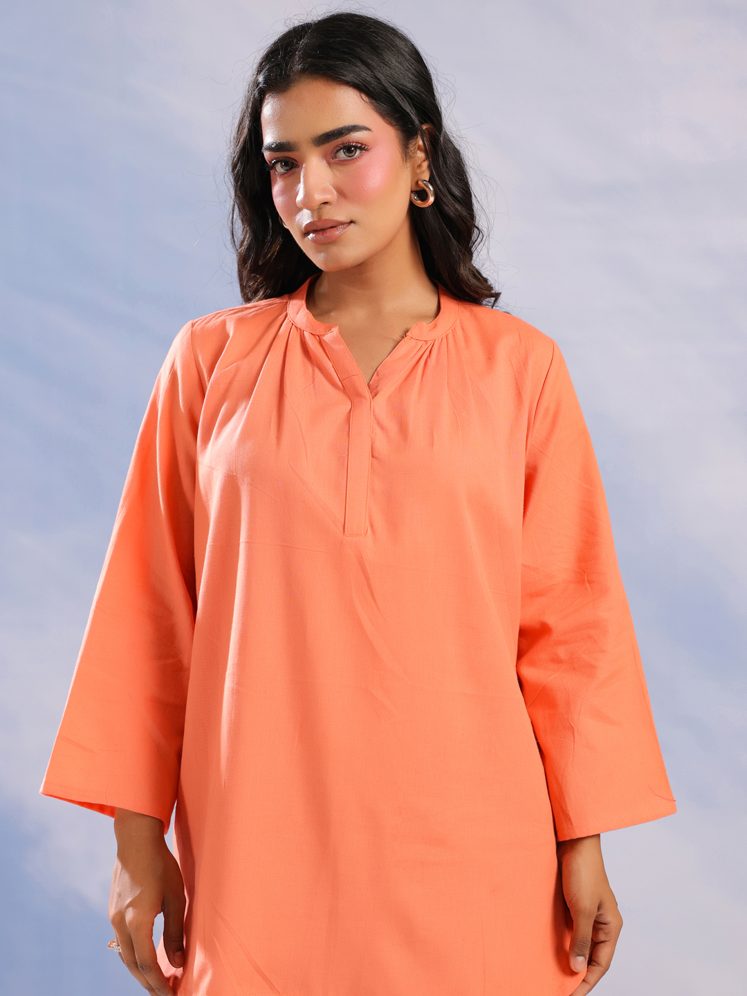 Orange Solid Mandarin Collar Pure Cotton Top For Women