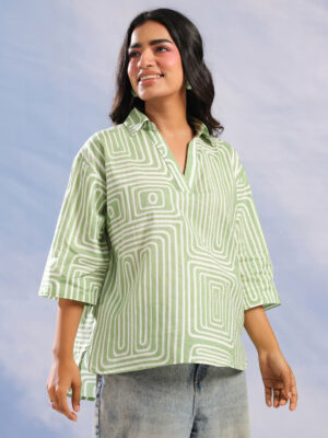 Green Shirt Collar Geometric Print Cotton Top For Women