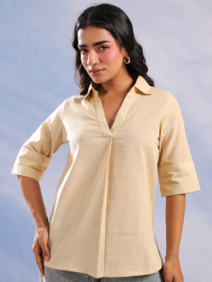 Beige Shirt Collar Solid Cotton Top For Women