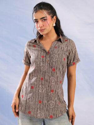 Grey Shirt Collar Abstract Print Cotton Top For Women
