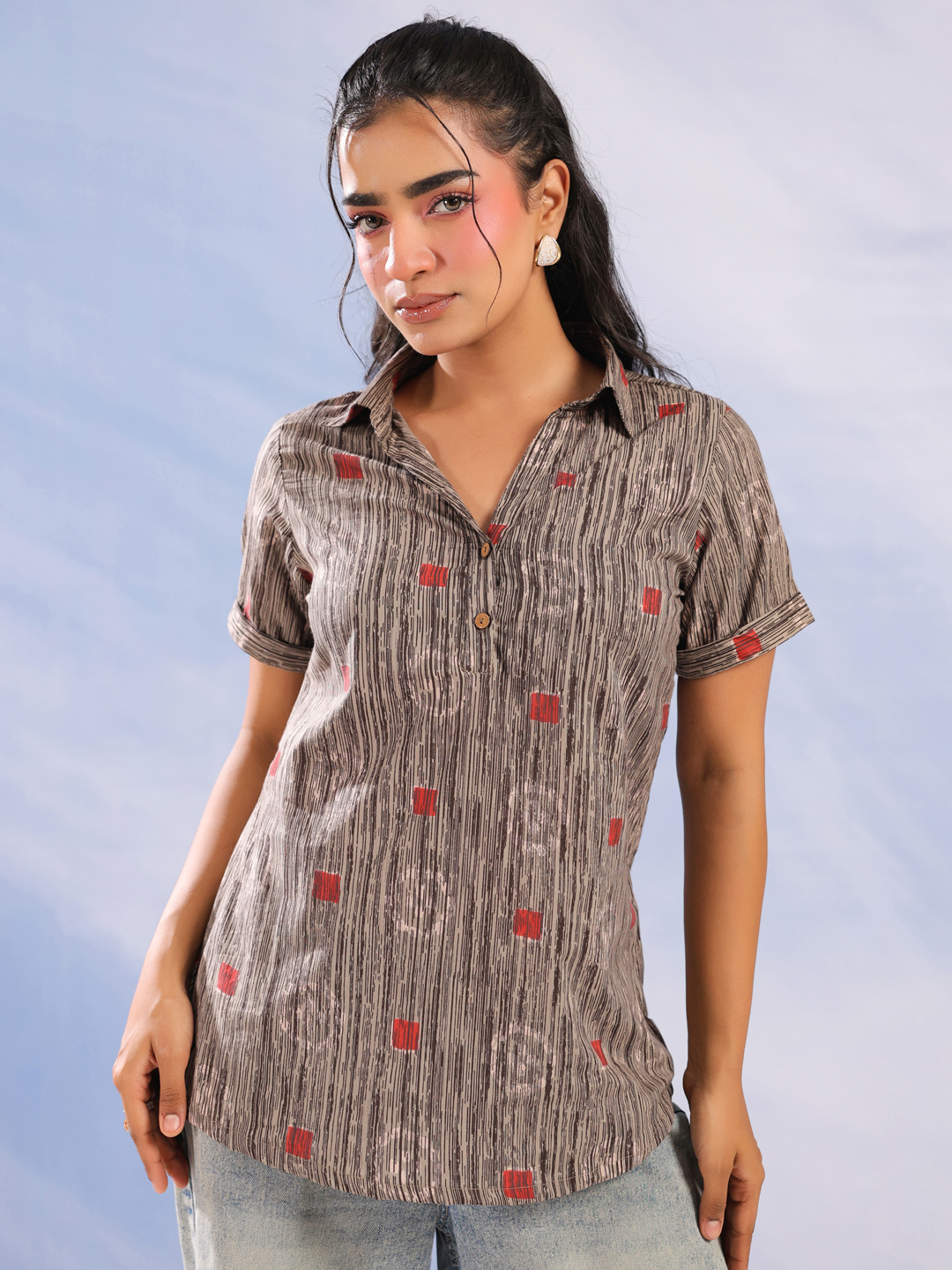 Grey Shirt Collar Abstract Print Cotton Top For Women