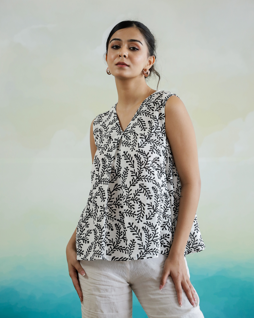 White V-Neck Leaf Print Cotton Sleeveless Top For Women
